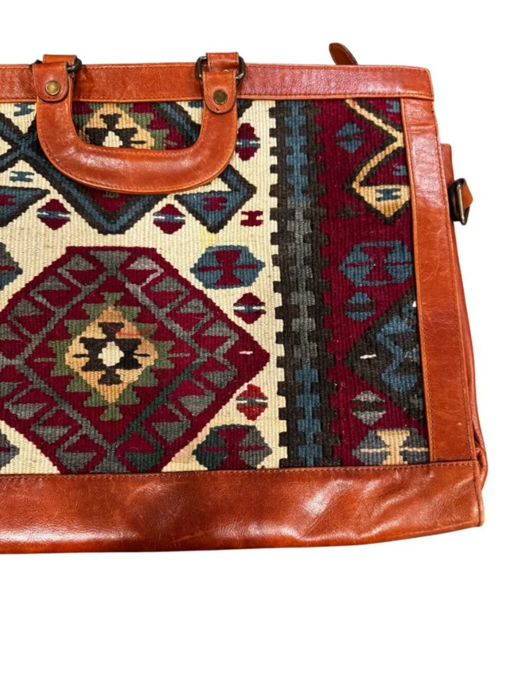 Vintage Kilim Leather Briefcase Bag Wool Southwest Boho Tote Mexico